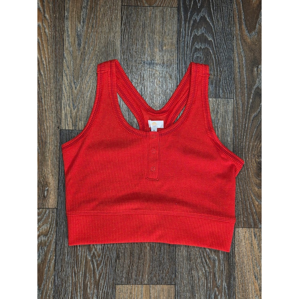 Body & Sol Women Ember Red Waffle Knit Henley Racerback Crop Tank Top M NEW